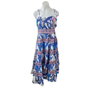 Farm Rio Multicolor Tropical Sleeveless Cami Tiered Midi Flare A-Line Dress Sz L